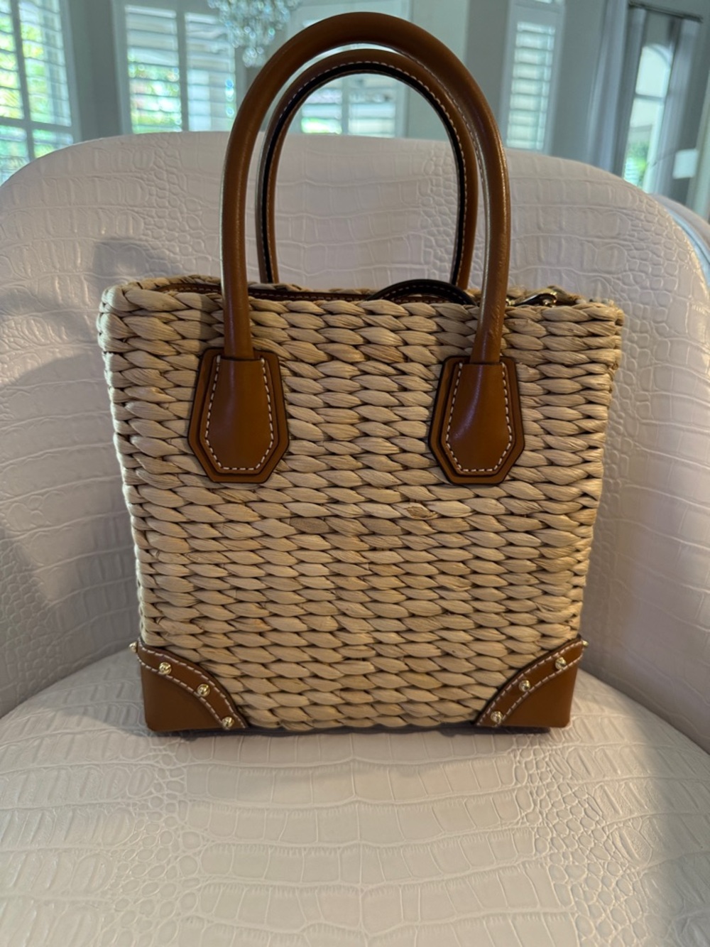 Michael Kors Straw Tote with Pink Watermelon Patch and Brown Leather Trim - Picture 2 of 12